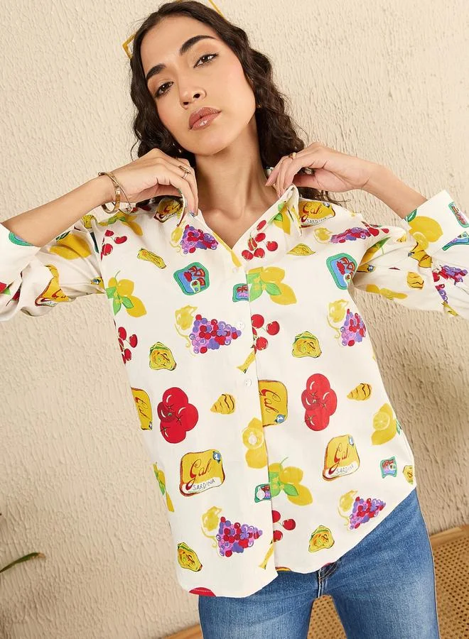 Uptownie Off White Fruit Print Long Sleeve Shirt
