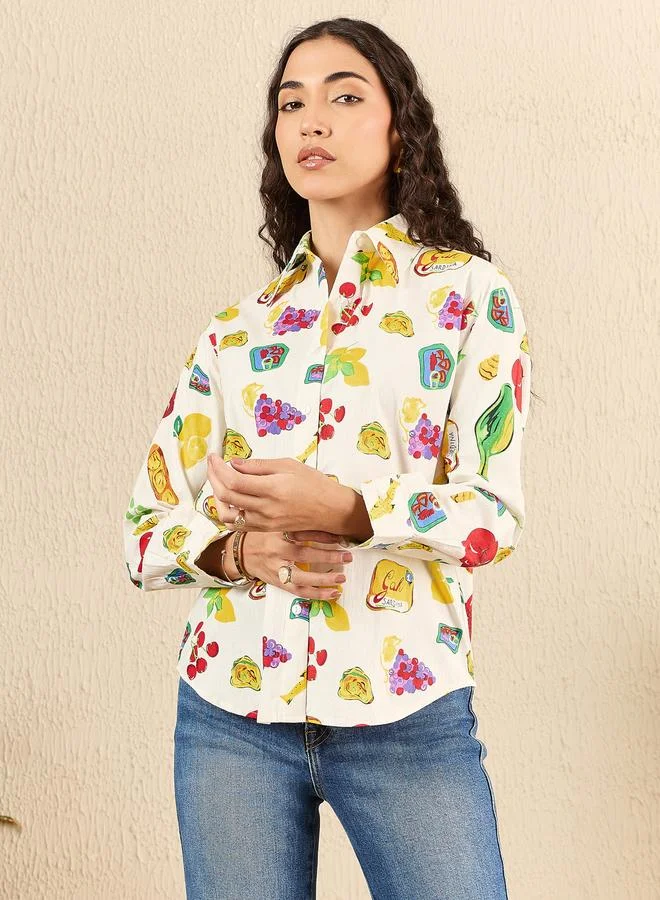 أبتاوني قميص بأكمام طويلة بطباعة فواكه بلون أوف وايت