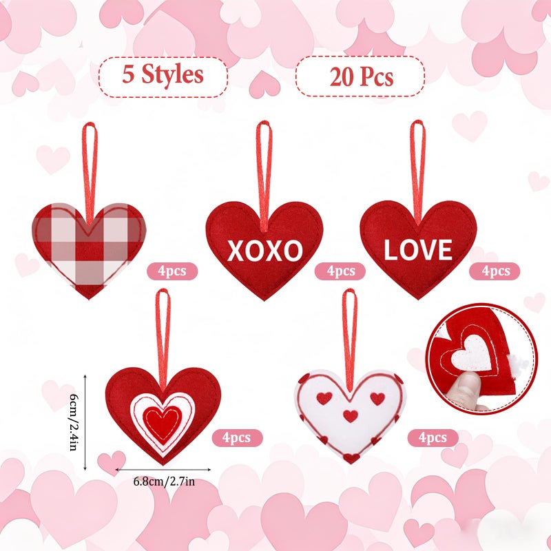 HEEYA 20 Pcs Valentines Fabric Heart Ornament for Small Tree, Red and White Felt Hearts Shaped Hanging Ornaments with XOXO, Love Words for Romantic Valentine Day Wedding Anniversary Decorations(5 Styles) - Image 3
