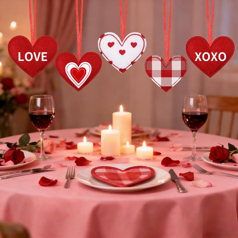 HEEYA 20 Pcs Valentines Fabric Heart Ornament for Small Tree, Red and White Felt Hearts Shaped Hanging Ornaments with XOXO, Love Words for Romantic Valentine Day Wedding Anniversary Decorations(5 Styles) - Image 4