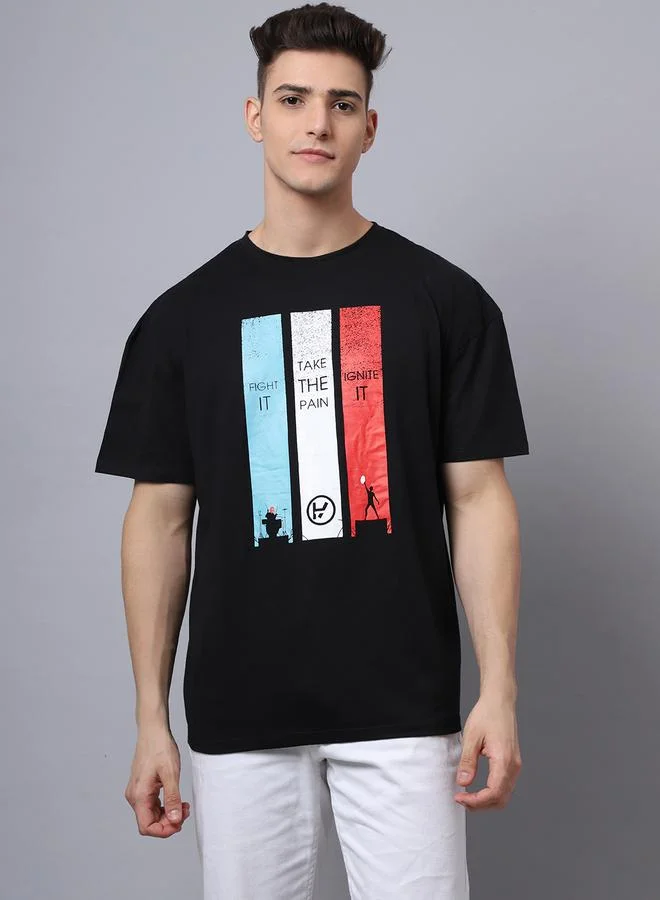 تايك تو تيشيرت رجالي أسود بطباعة جرافيك مقاس كبير من دور