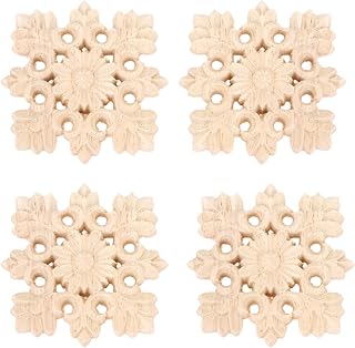 MUXSAM Wooden Carved Appliques Onlays, 4-Pack Unpainted Square Flower Carvings Decals for Cabinet Dresser Cupboard - Image 1