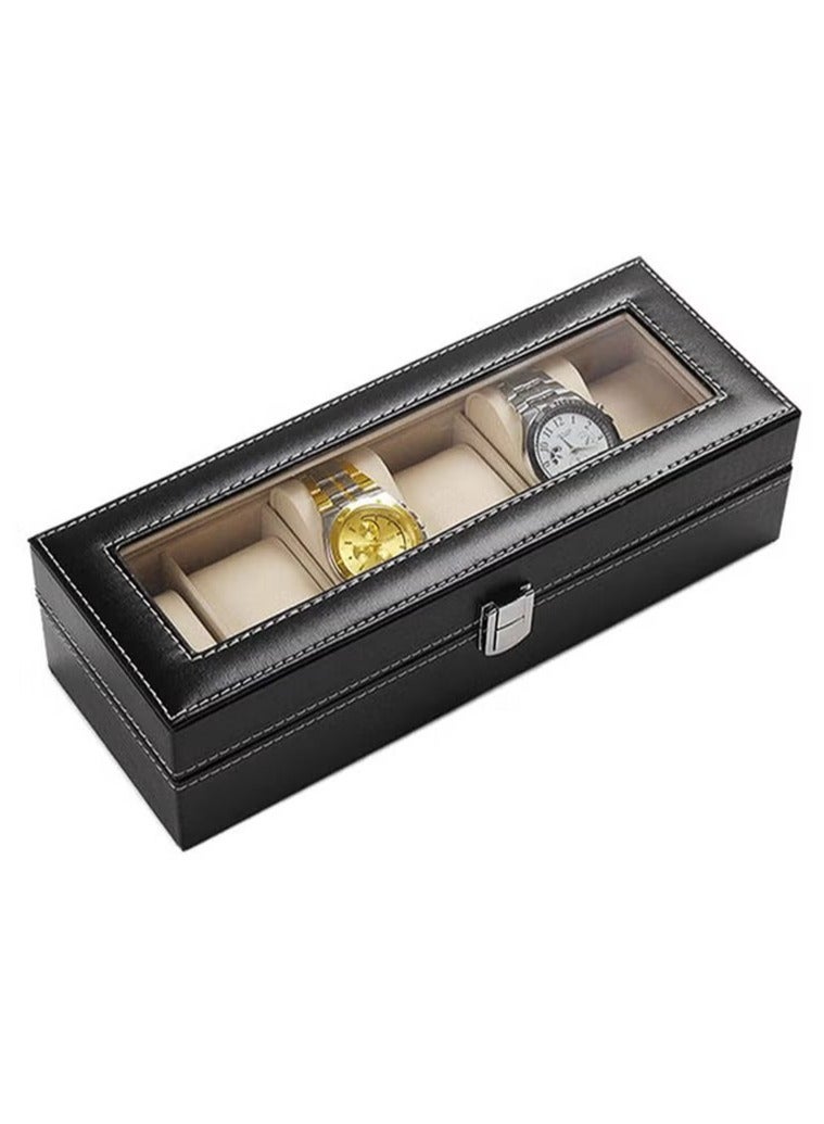 HIAS 6-Slot Leather Watch Box Display Case – PU Leather Watch Organizer with Crystal Glass Lid & Soft Cushions – Luxury Storage for Men & Women - Image 1