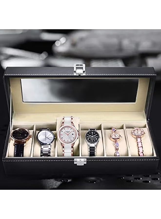 HIAS 6-Slot Leather Watch Box Display Case – PU Leather Watch Organizer with Crystal Glass Lid & Soft Cushions – Luxury Storage for Men & Women - Image 4