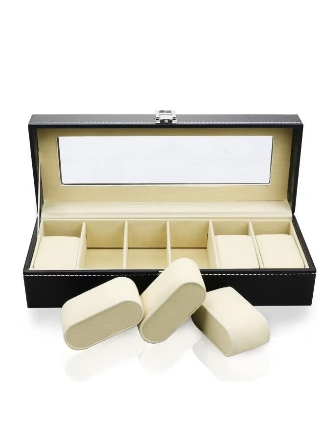 HIAS 6-Slot Leather Watch Box Display Case – PU Leather Watch Organizer with Crystal Glass Lid & Soft Cushions – Luxury Storage for Men & Women - Image 2