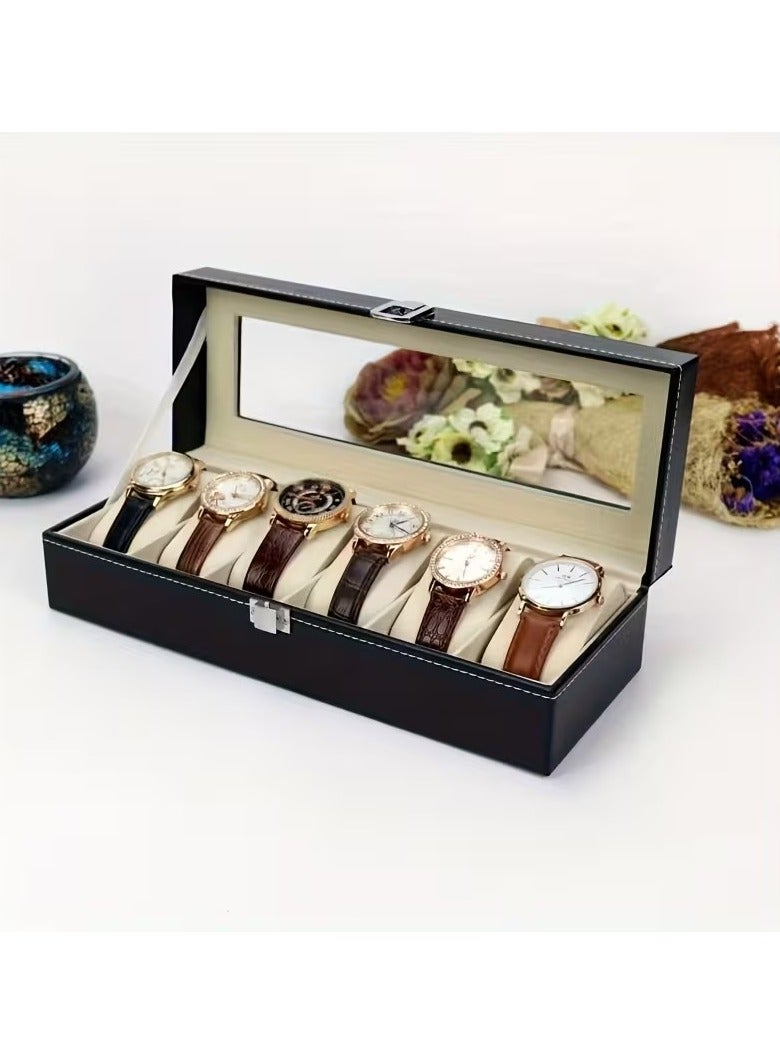 HIAS 6-Slot Leather Watch Box Display Case – PU Leather Watch Organizer with Crystal Glass Lid & Soft Cushions – Luxury Storage for Men & Women - Image 3