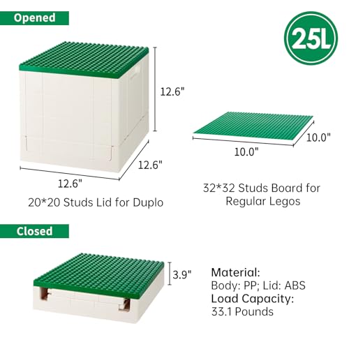 SHIMOYAMA Collapsible Storage Box with Large Building Base for Duplo Blocks, 26 Qt. Foldable Storage Bin (Dark Green) - Image 3