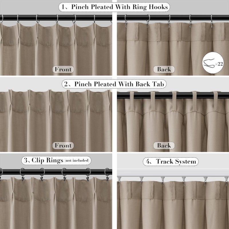 Joywell Linen Pinch Pleated Window Curtains 120 Inch Long Back Tab Clip Rings Semi Sheer Light Filtering Drapes with Hooks for Bedroom Living Room Decor W50 x L120 Taupe 2 Panels Set - Image 2