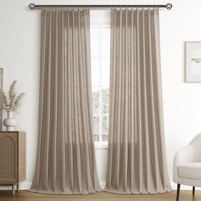 Joywell Linen Pinch Pleated Window Curtains 120 Inch Long Back Tab Clip Rings Semi Sheer Light Filtering Drapes with Hooks for Bedroom Living Room Decor W50 x L120 Taupe 2 Panels Set - Image 1
