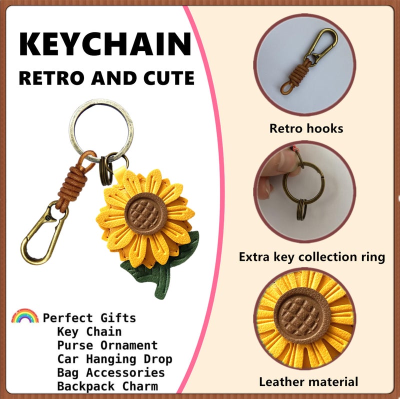 ZOUITY Leather Leaf Fruit Keychain Retro Accessories,Cute Keychains for Women Wallet Bag,Purse Keyring Holder,Women's Key Organizer and Keychains Pendant Charms(Yellow Daisy) - Image 4