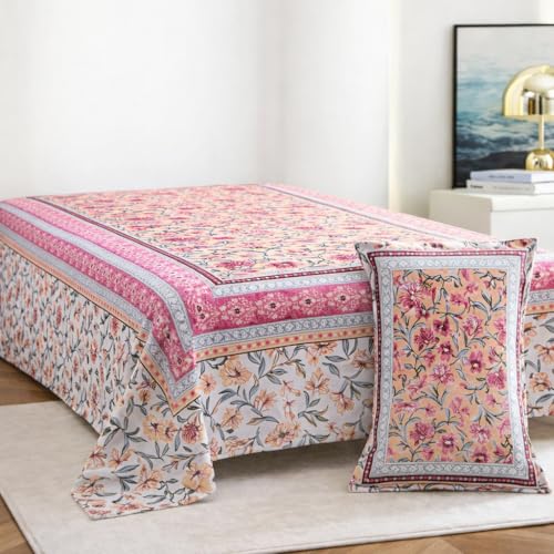 elanorhomes 100% Cotton 240 TC Single Bed Sheet Set | Floral Hand Printed Bedsheet with Pillow Cover | Soft Breathable Fabric for Bedroom | 60x90 Inches (Blush Garden) - Image 1