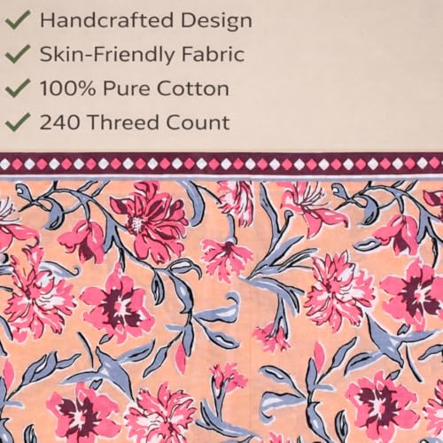 elanorhomes 100% Cotton 240 TC Single Bed Sheet Set | Floral Hand Printed Bedsheet with Pillow Cover | Soft Breathable Fabric for Bedroom | 60x90 Inches (Blush Garden) - Image 2