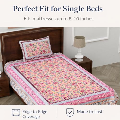elanorhomes 100% Cotton 240 TC Single Bed Sheet Set | Floral Hand Printed Bedsheet with Pillow Cover | Soft Breathable Fabric for Bedroom | 60x90 Inches (Blush Garden) - Image 3