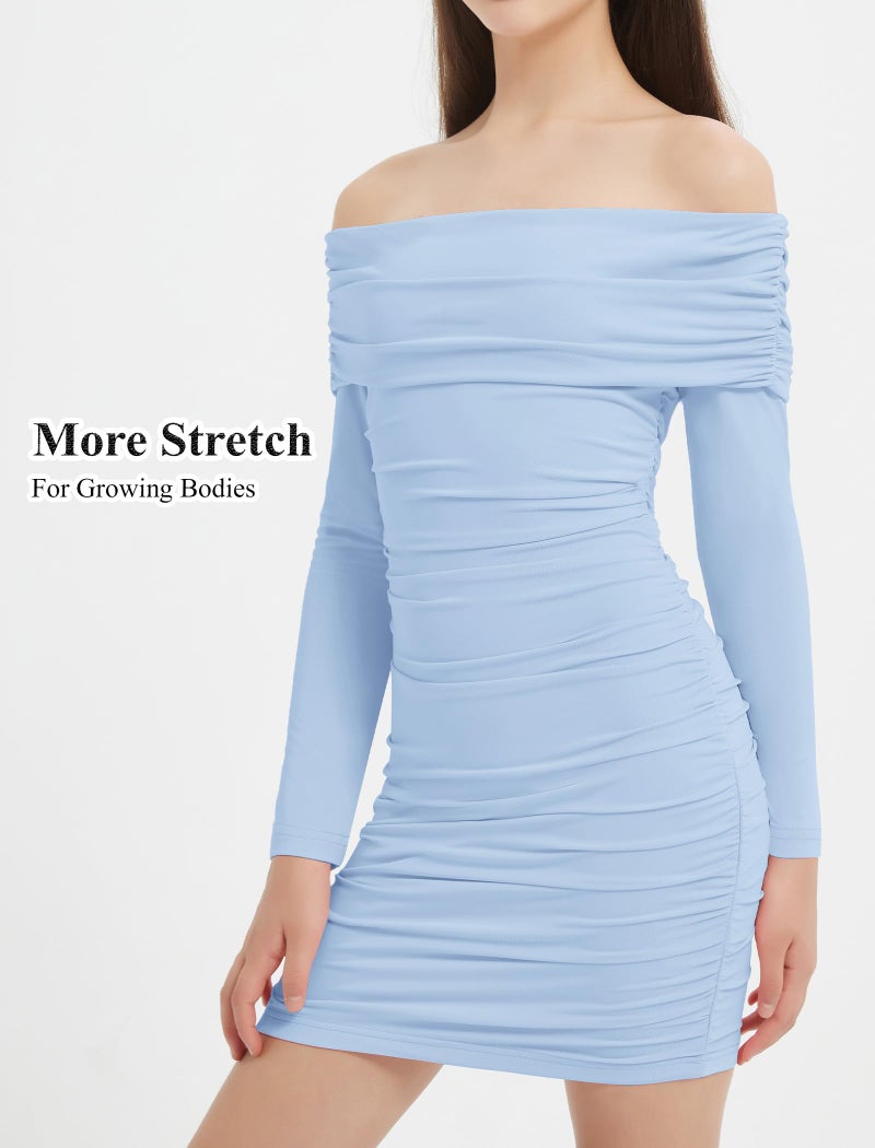 EXARUS Girls Dresses Bodycon Teen Valentine Formal Cocktail Homecoming Wedding Guest Prom Party Dance Holiday Formal Long Sleeve Off The Shoulder Ruched Mini Tight Pencil Dress Kids Blue 12Y - Image 3