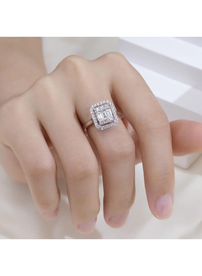 Luxuria An engagement ring with a double halo design, featuring a central piece made up of several rectangular baguette-cut diamonds. - Image 3