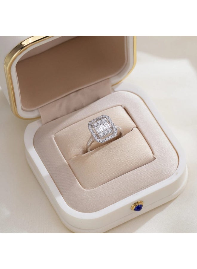Luxuria An engagement ring with a double halo design, featuring a central piece made up of several rectangular baguette-cut diamonds. - Image 2