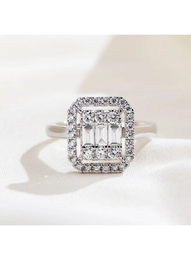 Luxuria An engagement ring with a double halo design, featuring a central piece made up of several rectangular baguette-cut diamonds. - Image 4