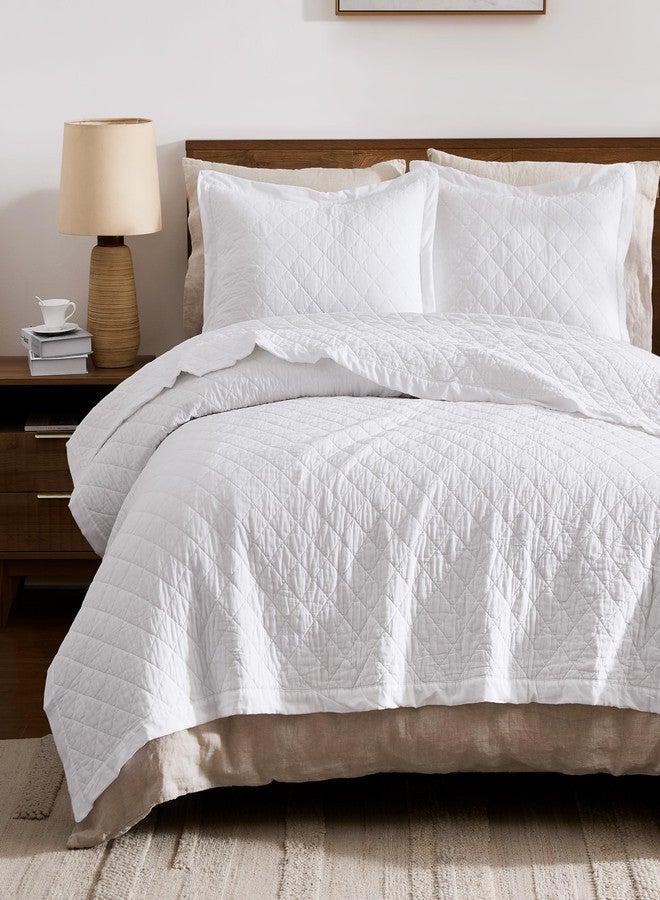 WDCOZY 100% Pre-Washed Cotton King Size Quilt Set - White Ruffle Box Soft Lightweight Bedspread, Textured Like Linen, Farmhouse Country Rustic Coverlet, Shabby Chic Gauze Bedding, 3 Pieces - Image 1