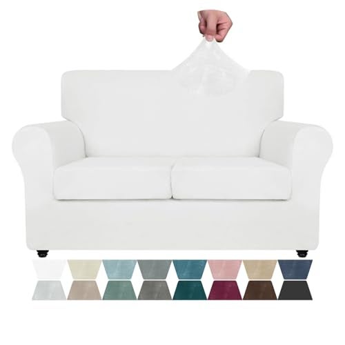 ZNSAYOTX Luxury Velvet Sofa Cover 3 Piece 5770 Stretch Loveseat Covers for 2 Cushion Couch Thick Soft Couch Slipcover with Non Slip Strap Dog Pet Friendly Nice Furniture Protector White