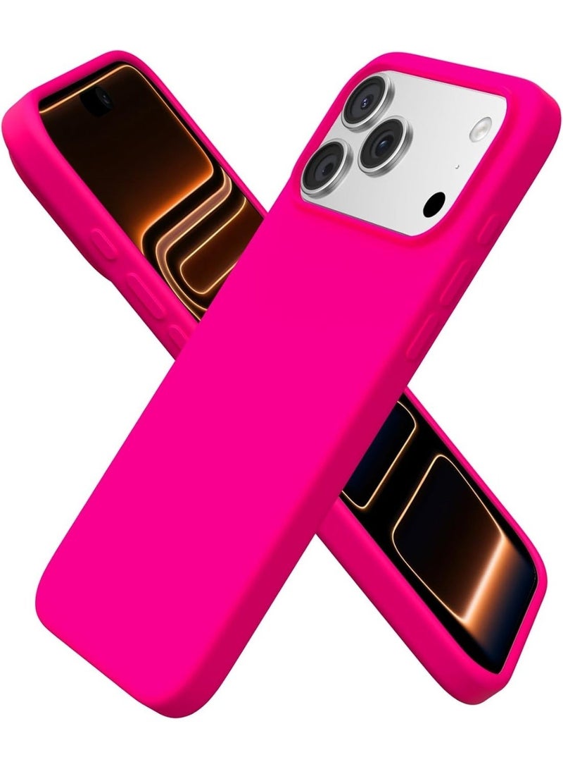 جراب هاتف iPhone 17 Pro رفيع من السيليكون السائل بأربع طبقات من المطاط الهلامي الناعم ومضاد للصدمات مع بطانة من الألياف الدقيقة المضادة للخدش (وردي نيون) - Image 1