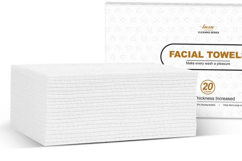 LUXU Disposable Face Towel,Biodegradable Facial Towels 9.8"×9.8",20 Count Extra Thick Soft Large Travel Clean Facial Towels Plant Fiber Facial Washcloth Dry Wipes for Sensitive Skin,Travel,Makeup Remover - Image 1