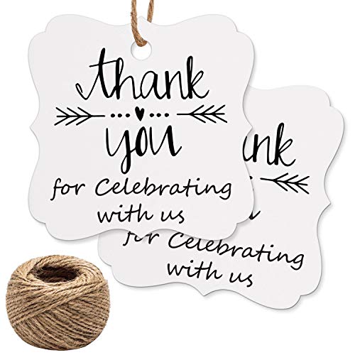 Mr.Mug 100 White Thank You Tags for Wedding, Birthday, Baby Shower & Party Favors - Paper Gift Tags with Jute String - Image 1