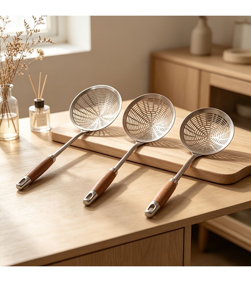 16 Inch Rosewood Slotted Spoon Stainless Steel Noodle Skimmer Long Handle Heat Resistant Kitchen Strainer for Dumplings Wontons Frying - Image 1