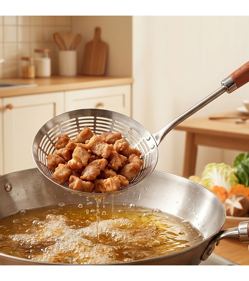 16 Inch Rosewood Slotted Spoon Stainless Steel Noodle Skimmer Long Handle Heat Resistant Kitchen Strainer for Dumplings Wontons Frying - Image 2