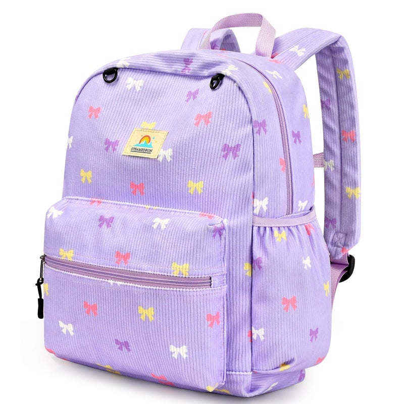 STEAMEDBUN Corduroy Kids Backpack for Girls 5-8: Girls Backpack for Elementary Kindergarten - 15 inch Cute Backpacks for Kids - Purple Bow - Image 1
