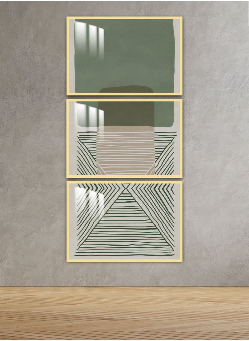 ماركتنا ثلاث لوحات جدارية120x60سم مع برواز ذهبي وطبقة اكريلك شفاف بتصميم تجريدي  - Image 1