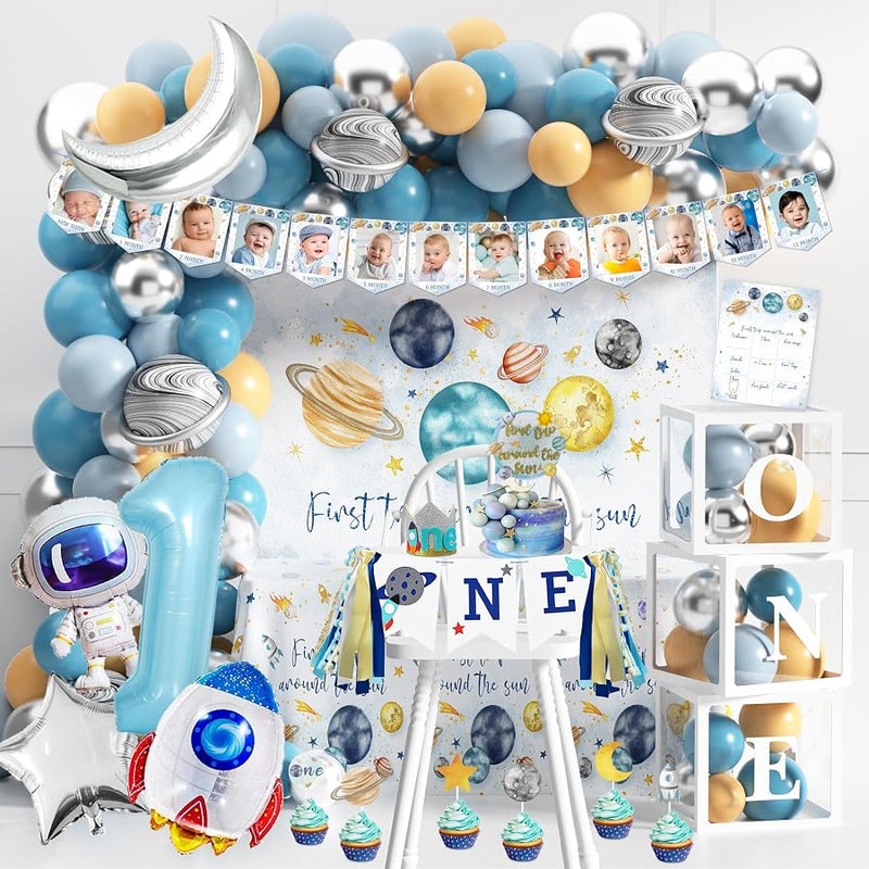 BORAMDO First Trip Around The Sun Party Decorations for Boy - Space Theme 1st Birthday Supplies, Backdrop, Balloons Garland, Monthly Photo Banner - Image 1