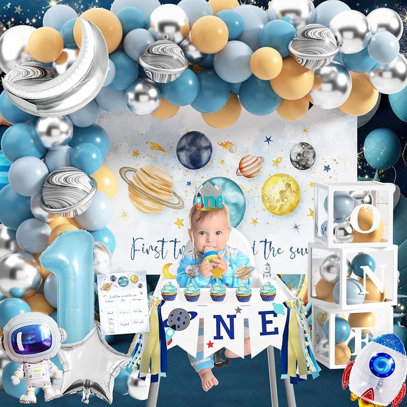 BORAMDO First Trip Around The Sun Party Decorations for Boy - Space Theme 1st Birthday Supplies, Backdrop, Balloons Garland, Monthly Photo Banner - Image 5