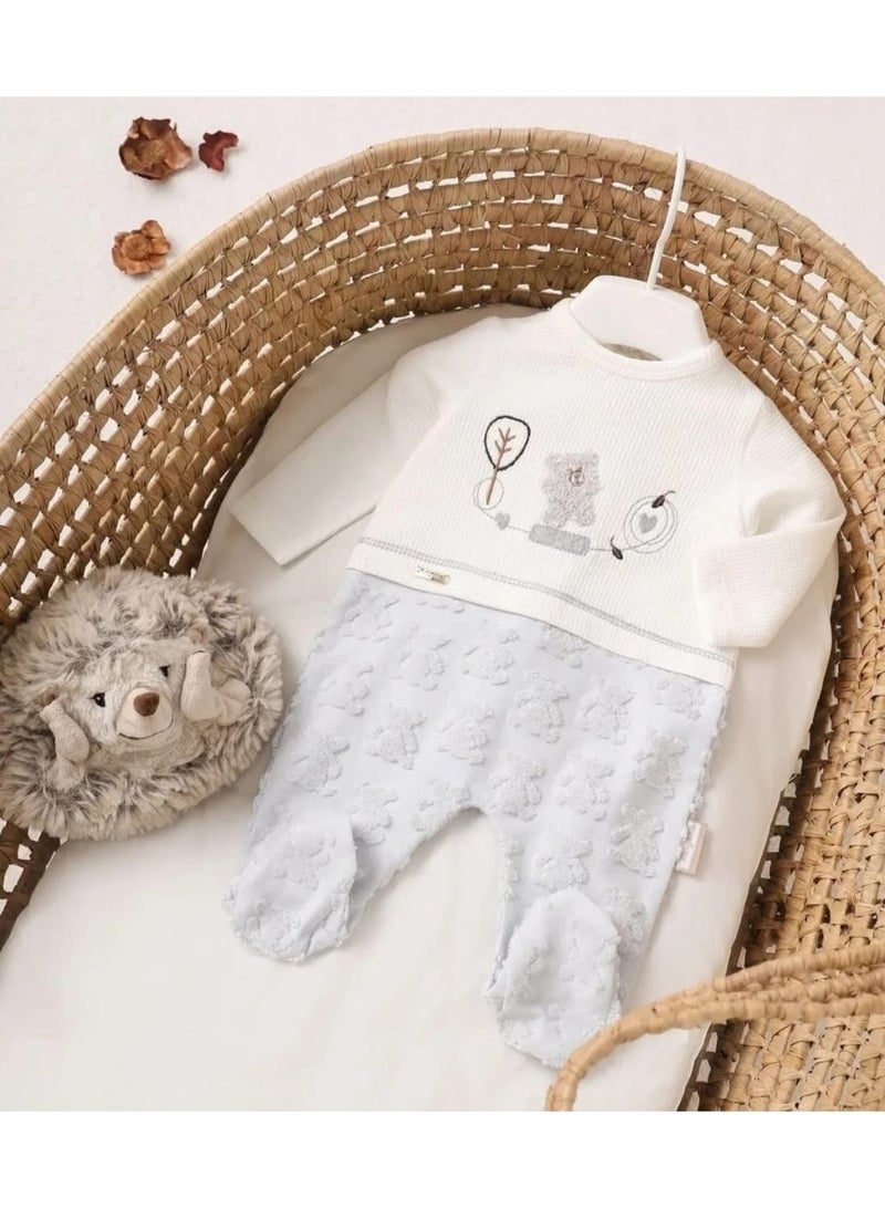Kids Wear Gray Teddy Bear Embossed Baby Romper - Image 2