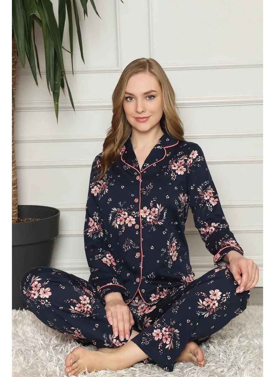 Bie'S Women's Navy Blue Pink Floral Front Buttoned Shirt Collar Long Sleeve Seasonal Cotton Lycra Pajama Set