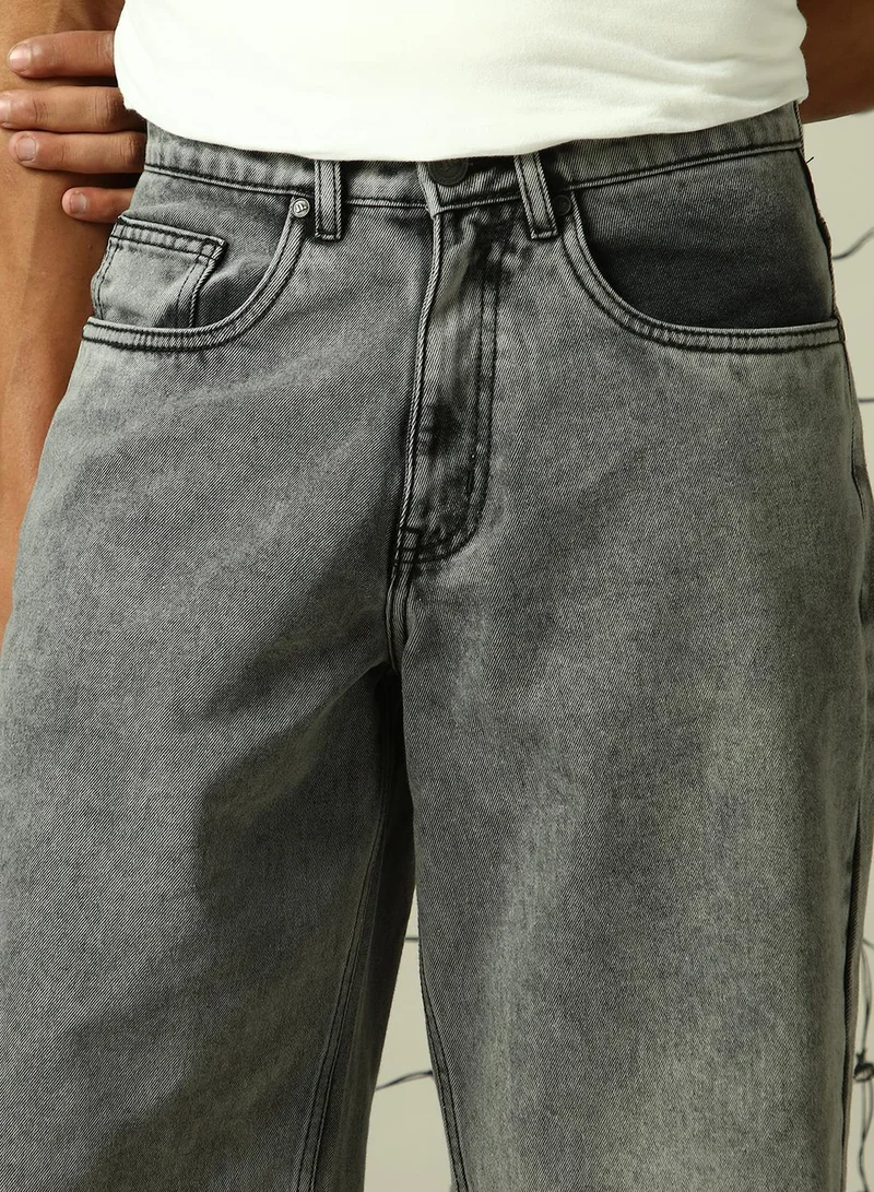 Hubberholme Men's Grey 100% Cotton Distressed Cropped Loose Fit Shorts