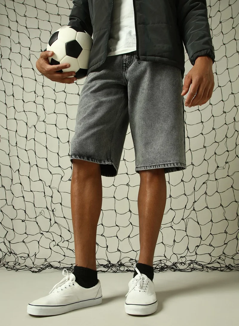 Hubberholme Men's Grey 100% Cotton Distressed Cropped Loose Fit Shorts