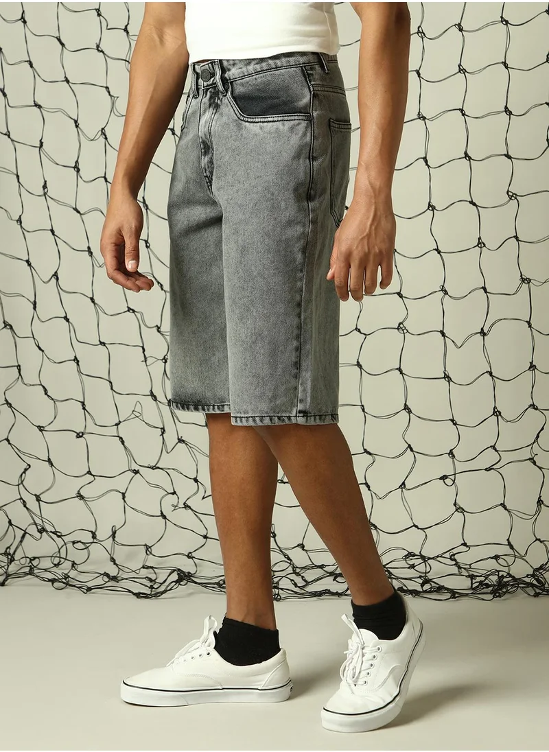 هوبرهولمي Men's Grey 100% Cotton Distressed Cropped Loose Fit Shorts
