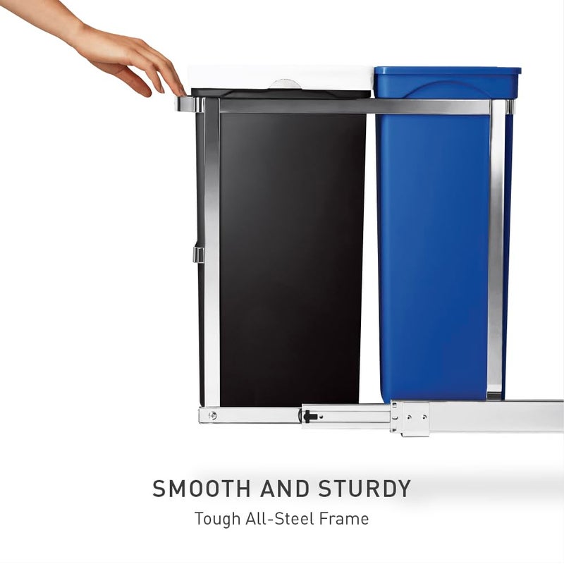 simplehuman 35 Liter / 9.3 Gallon Dual Compartment Under Counter Kitchen Cabinet Pull-Out Recycling Bin and Trash Can, Chrome - Image 3
