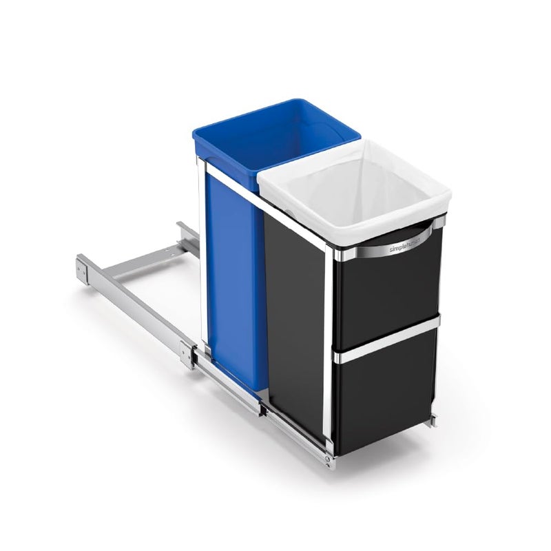 simplehuman 35 Liter / 9.3 Gallon Dual Compartment Under Counter Kitchen Cabinet Pull-Out Recycling Bin and Trash Can, Chrome - Image 1