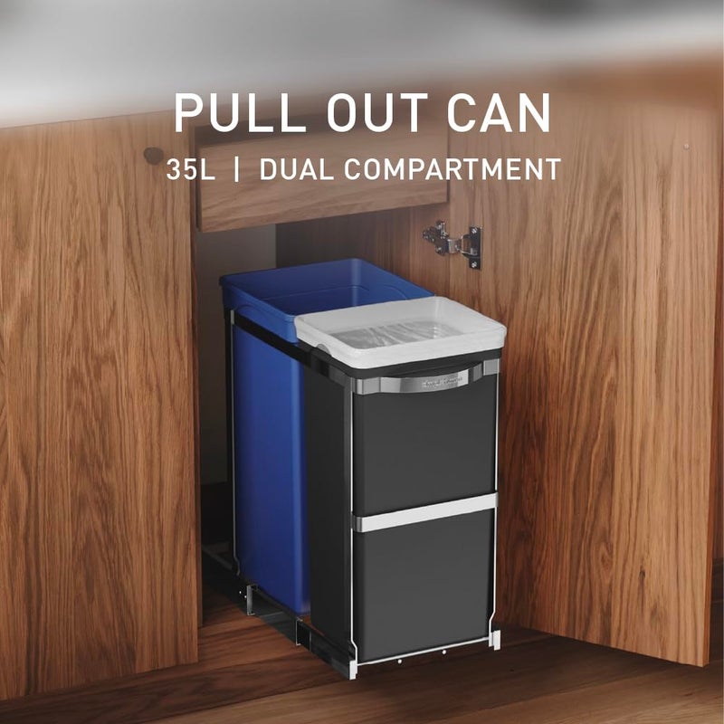 simplehuman 35 Liter / 9.3 Gallon Dual Compartment Under Counter Kitchen Cabinet Pull-Out Recycling Bin and Trash Can, Chrome - Image 2