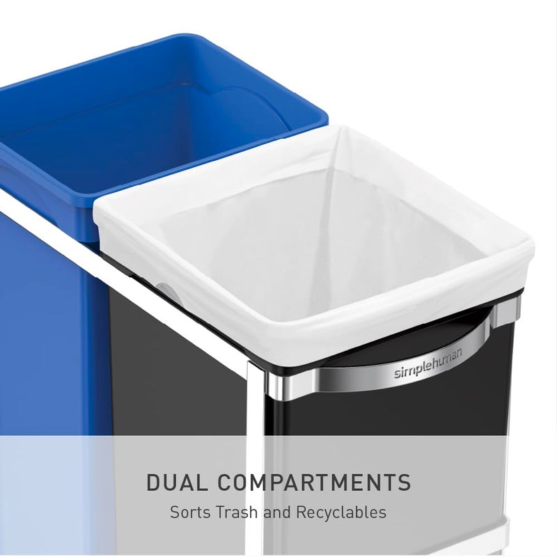 simplehuman 35 Liter / 9.3 Gallon Dual Compartment Under Counter Kitchen Cabinet Pull-Out Recycling Bin and Trash Can, Chrome - Image 4