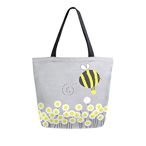 Naanle Bee Animal Canvas Tote Bag Large Women Casual Shoulder Bag Handbag, Bumblebee Daisies Reusable Multipurpose Heavy Duty Shopping Grocery Cotton Bag for Outdoors. - Image 1