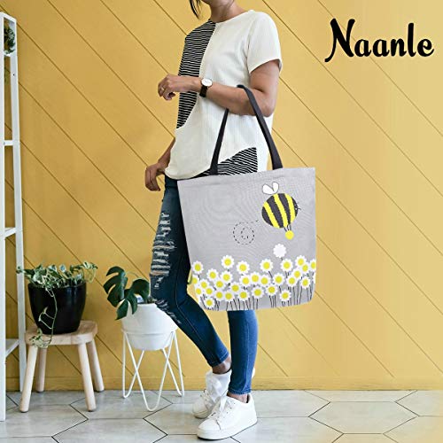 Naanle Bee Animal Canvas Tote Bag Large Women Casual Shoulder Bag Handbag, Bumblebee Daisies Reusable Multipurpose Heavy Duty Shopping Grocery Cotton Bag for Outdoors. - Image 2