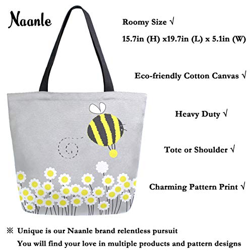 Naanle Bee Animal Canvas Tote Bag Large Women Casual Shoulder Bag Handbag, Bumblebee Daisies Reusable Multipurpose Heavy Duty Shopping Grocery Cotton Bag for Outdoors. - Image 3