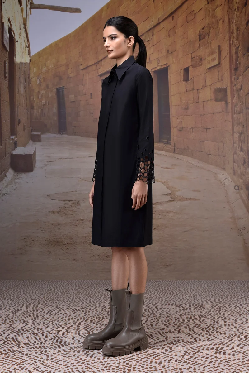 Genes Lecoanet Hemant Black Poplin Shirt Dress with Cutwork Sleeves