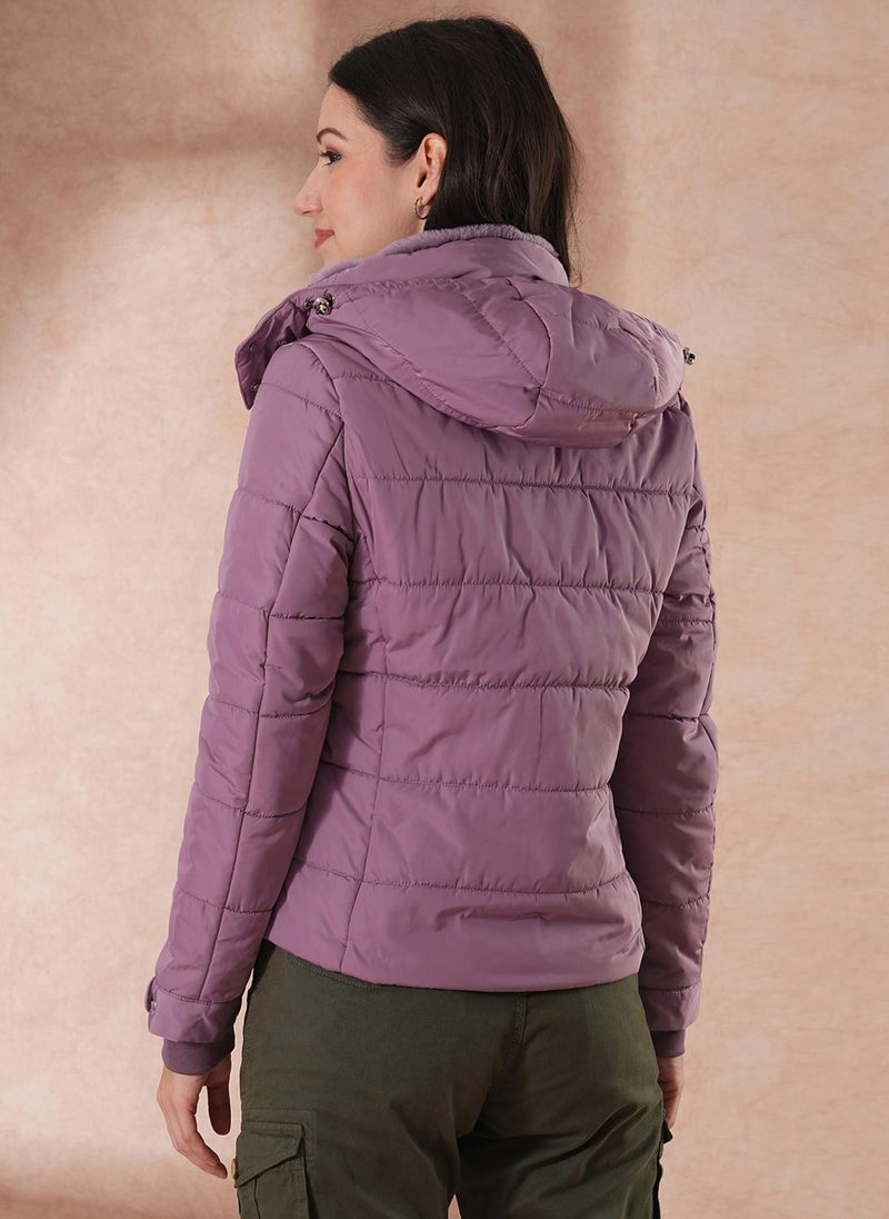 Globus Women's Lavender Hooded Solid Winter Puffer Jacket with Faux Fur Trim - Image 4