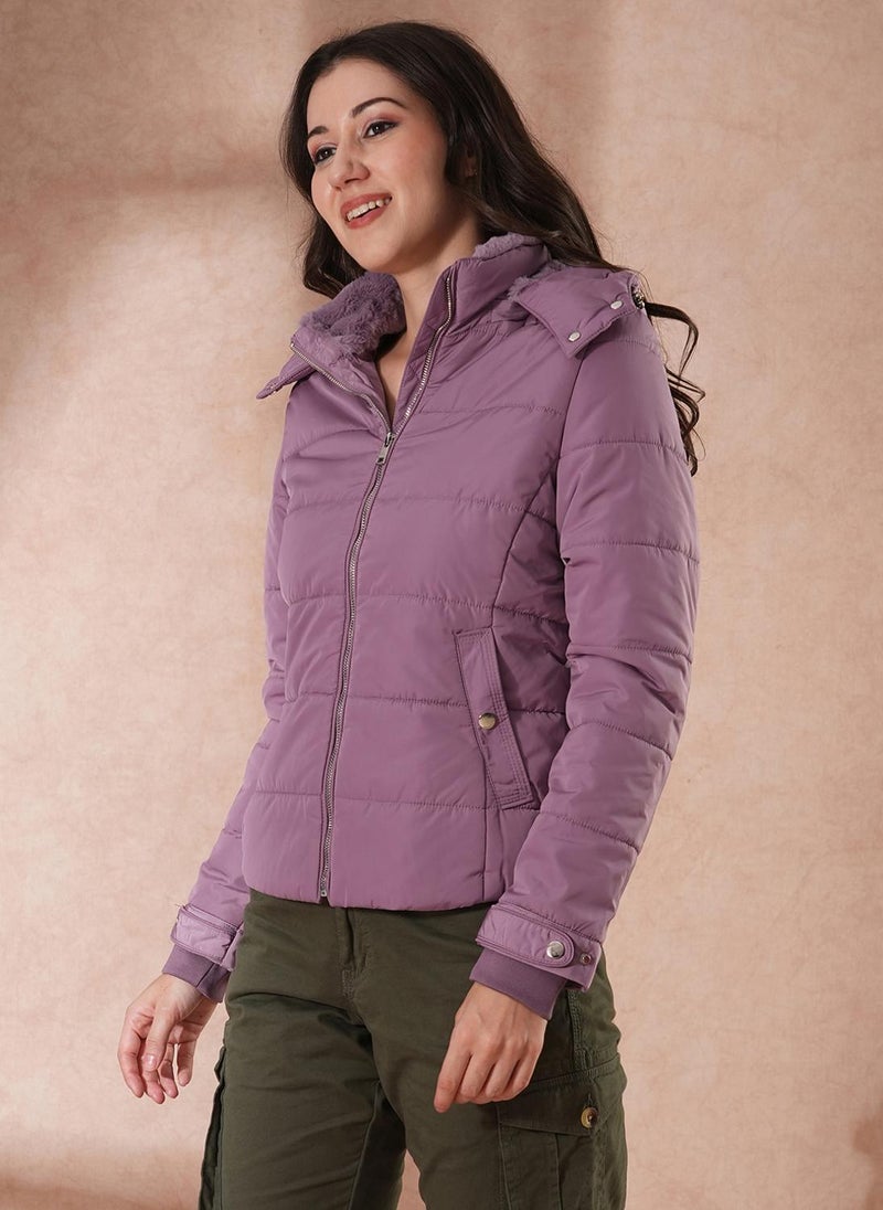 Globus Women's Lavender Hooded Solid Winter Puffer Jacket with Faux Fur Trim - Image 3