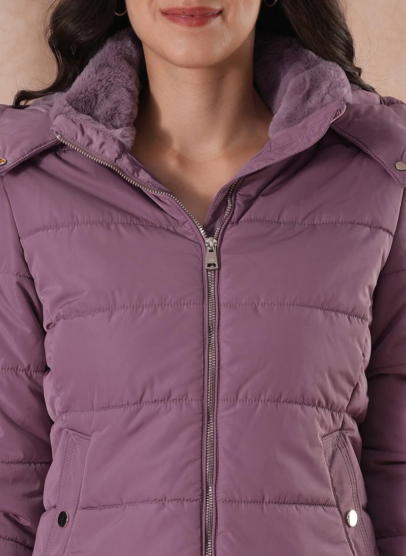 Globus Women's Lavender Hooded Solid Winter Puffer Jacket with Faux Fur Trim - Image 5