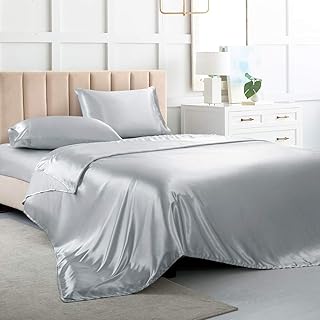 Luxbedding Luxbedding Satin Bed Sheet, Queen Size Sheet-Sliver Grey Sheets Set-4 Pcs Silky Bed Sheet Set with 1 Deep Pocket Fitted  - Image 1