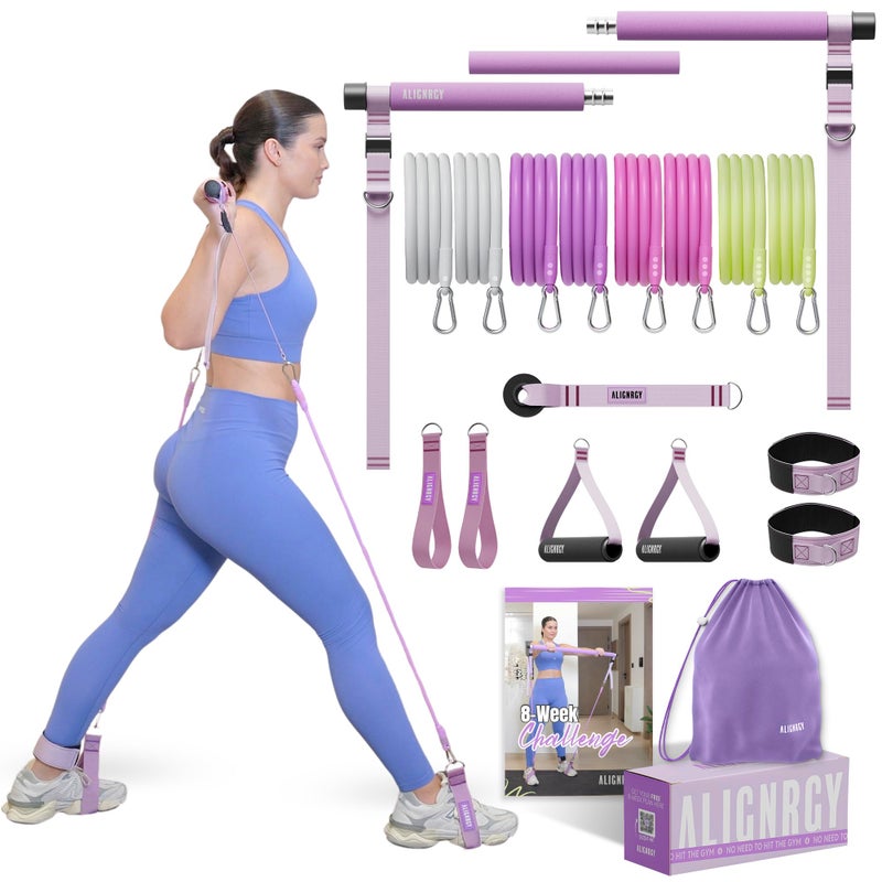 Alignrgy Upgraded Pilates Bar Kit with Resistance Bands (20,30,40,50 Lbs) â€“ Adjustable Pilates Bar Kit for Full Body Workouts â€“ at Home Workout kit for Busy Women - Guided 8 Week Video Program Included - Image 1